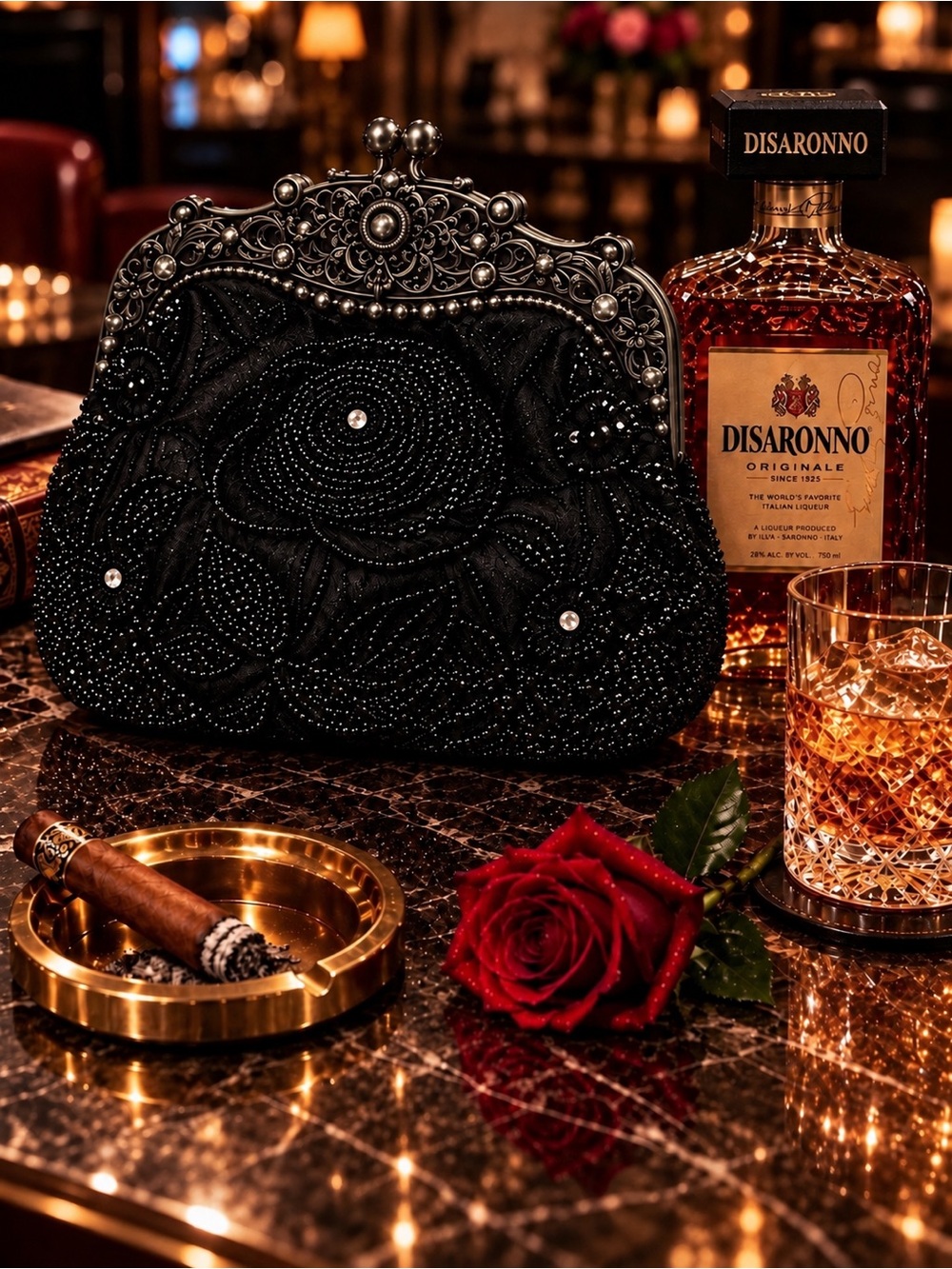 Dedire ~ Black Beaded Evening Clutch with Ornate Frame